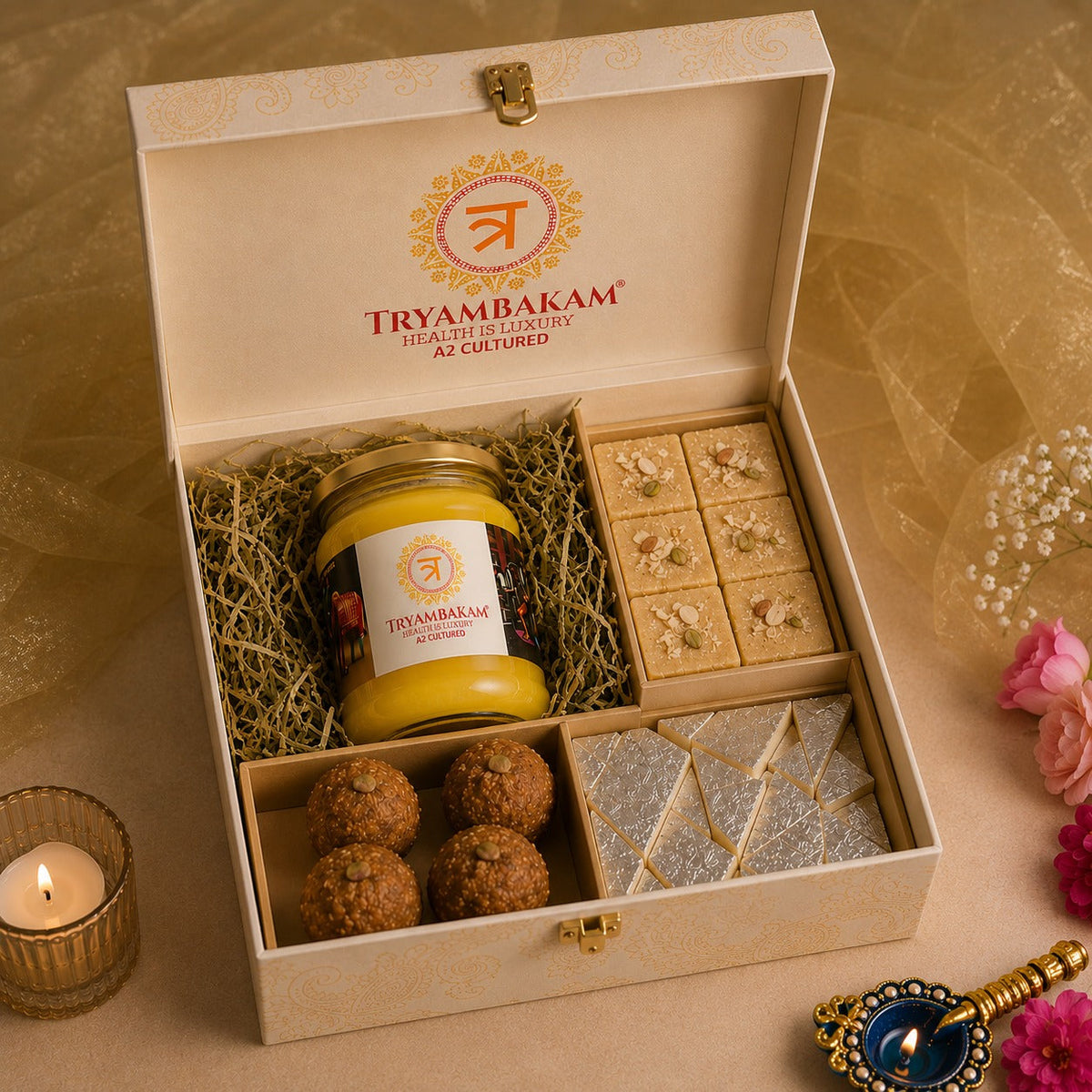 Tryambakam Gir Cow A2 Ghee & Assorted Mithai Premium Gift Hamper – 250ml Tryambakam Dairy And Agro Products