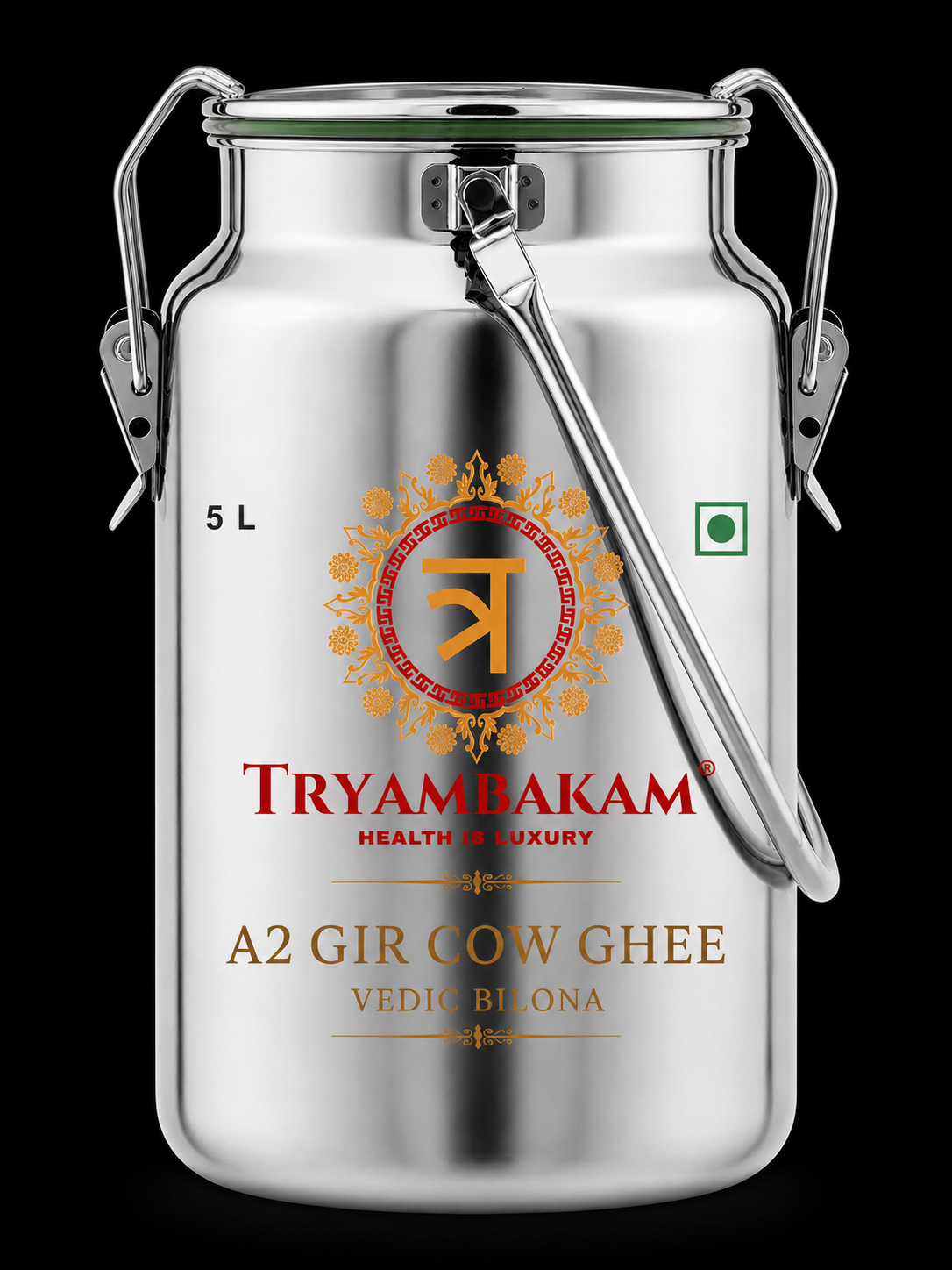 Gir Cow A2 Ghee - Made From Curd (5 Ltr Steel Dolchi) | Vedic Bilona | Tryambakam
