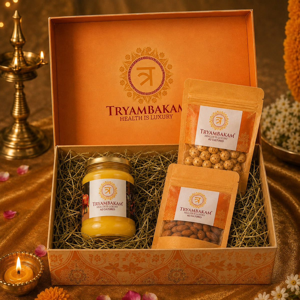 Tryambakam Gir Cow A2 Ghee & Premium Dry Fruits Gift Hamper – 250ml Ghee + 490g Dry Fruits Tryambakam Dairy And Agro Products