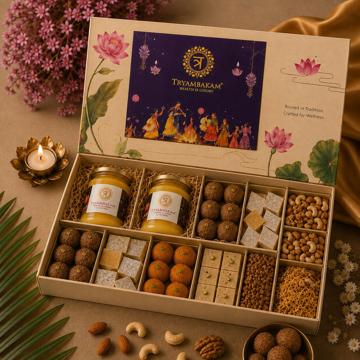 Tryambakam Gir Cow A2 Ghee & Assorted Mithai Premium Gift Hamper – 500ml Ghee Tryambakam Dairy And Agro Products