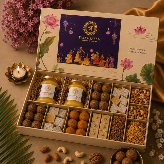 Tryambakam Gir Cow A2 Ghee & Assorted Mithai Premium Gift Hamper – 500ml Ghee Tryambakam Dairy And Agro Products