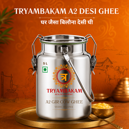 Gir Cow A2 Ghee - Made From Curd (5 Ltr Steel Dolchi) | Vedic Bilona | Tryambakam Tryambakam Dairy And Agro Products