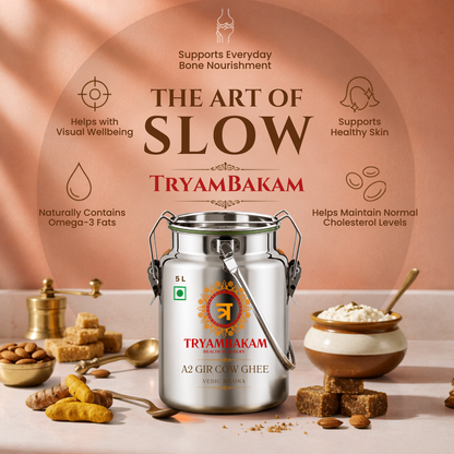 Gir Cow A2 Ghee - Made From Curd (5 Ltr Steel Dolchi) | Vedic Bilona | Tryambakam Tryambakam Dairy And Agro Products