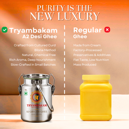 Gir Cow A2 Ghee - Made From Curd (5 Ltr Steel Dolchi) | Vedic Bilona | Tryambakam Tryambakam Dairy And Agro Products