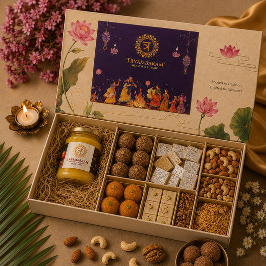 For this hamper, I’d position it as a premium traditional gifting combo with Ghee + Assorted Sweets + Dry Fruits. Tryambakam Dairy And Agro Products