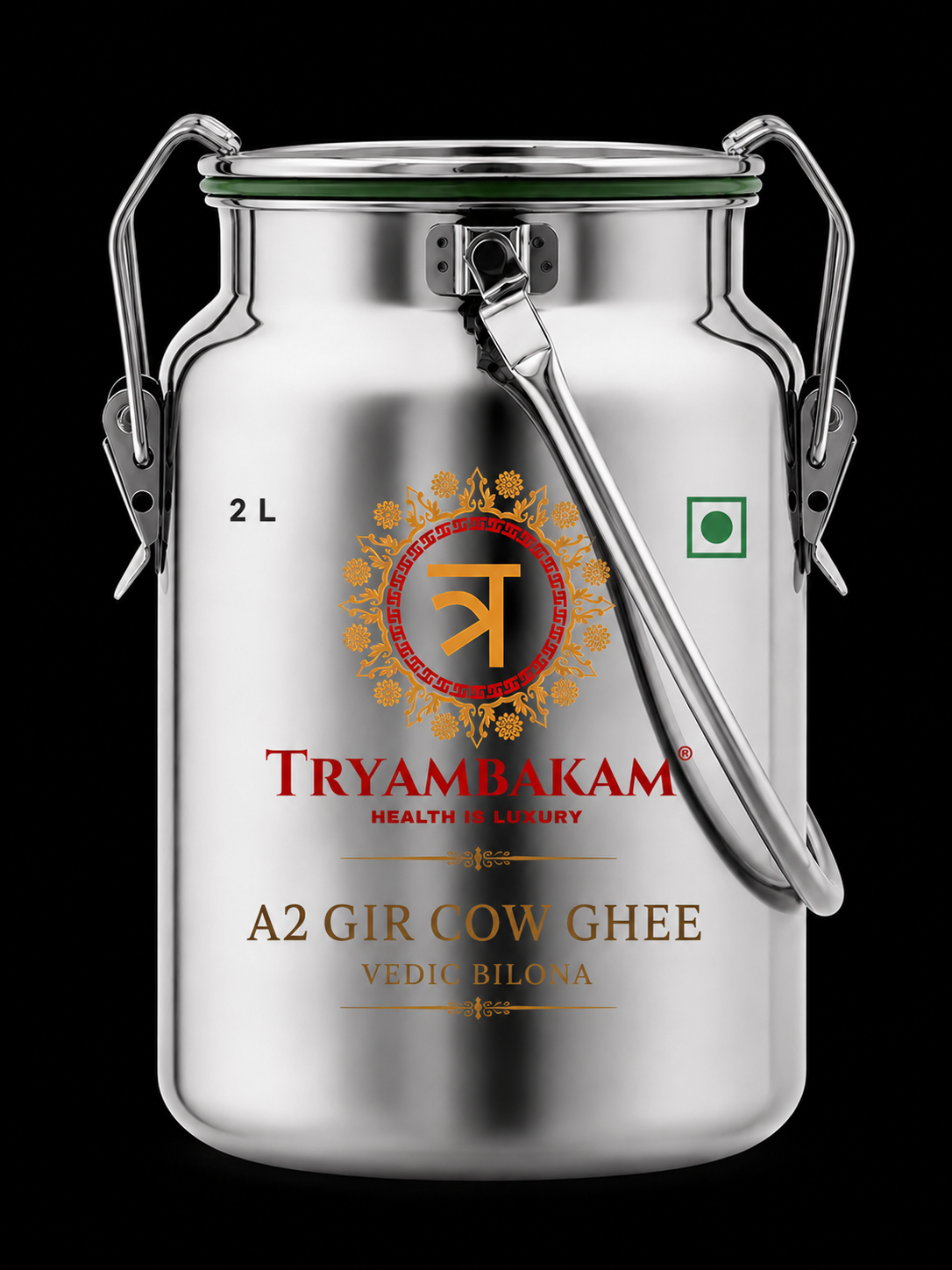 Gir Cow A2 Ghee - Made From Curd (2 Ltr Steel Dolchi) | Vedic Bilona | Tryambakam