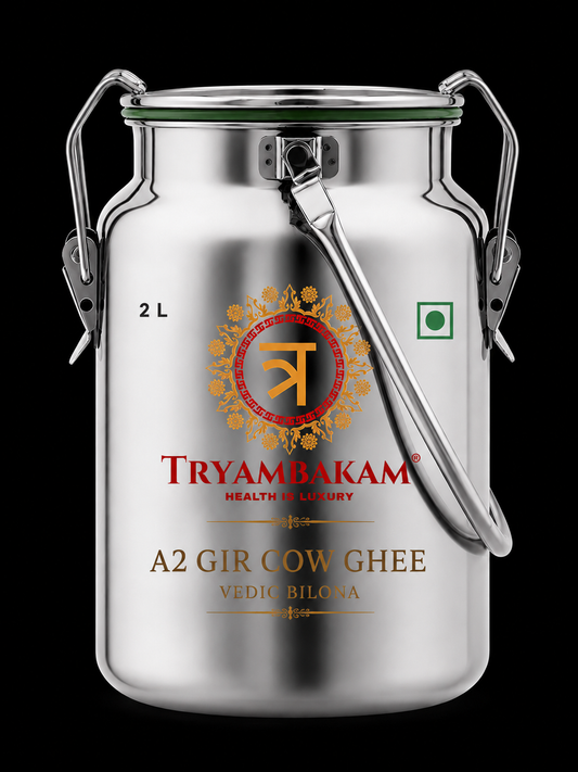 Gir Cow A2 Ghee - Made From Curd (2 Ltr Steel Dolchi) | Vedic Bilona | Tryambakam