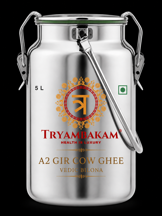 Gir Cow A2 Ghee - Made From Curd (5 Ltr Steel Dolchi) | Vedic Bilona | Tryambakam