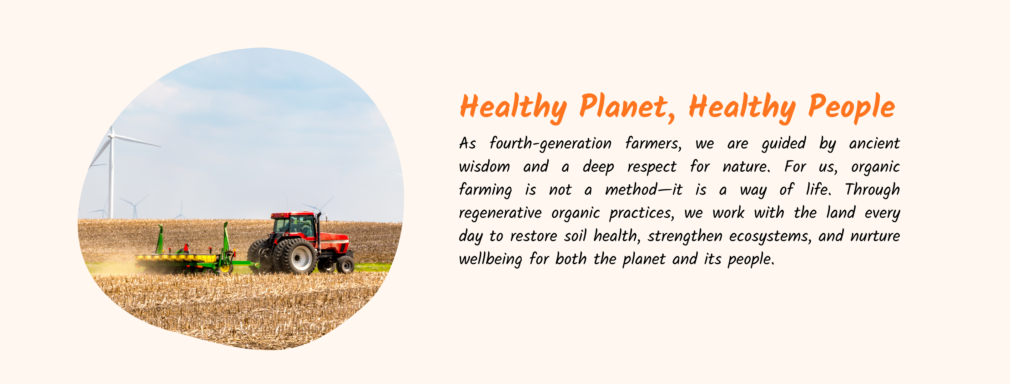 Tractor plowing a field with text about organic farming and sustainability.