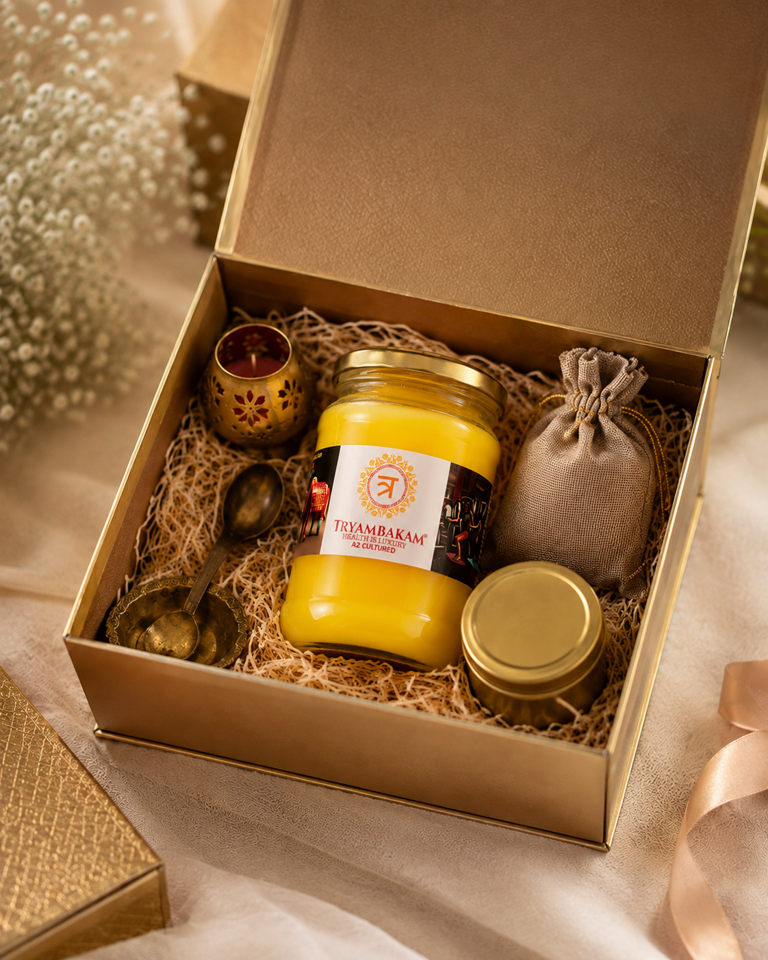 Luxury Gir Cow A2 Ghee gift hampers by Tryambakam featuring the Vedic Wellness Box, Golden Bliss Hamper, and Divine Ritual Hamper
