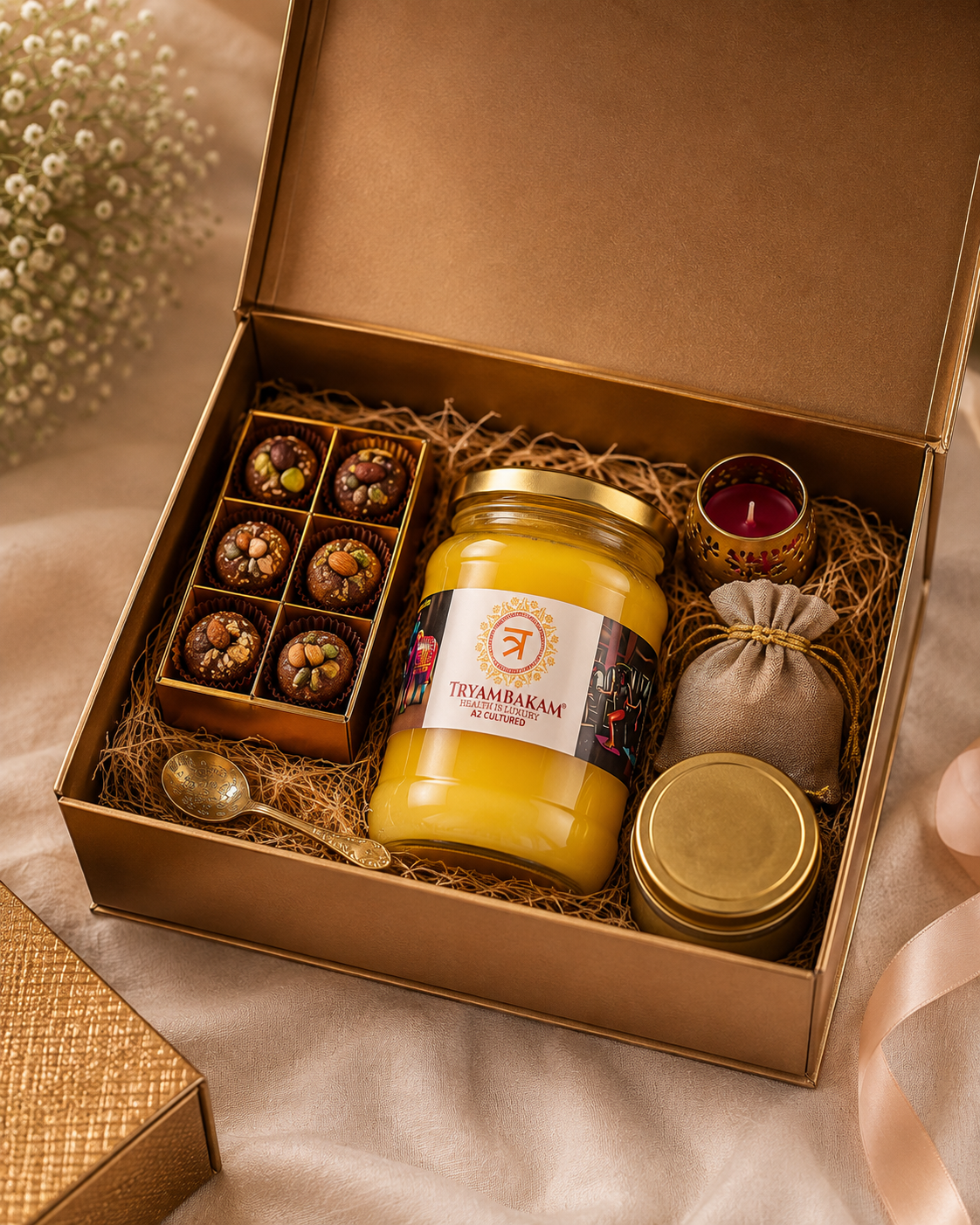 Premium Gir Cow A2 Ghee gift hampers by Tryambakam featuring the Health & Harmony Pack, Festive Glow Hamper, and Premium Luxe Pack