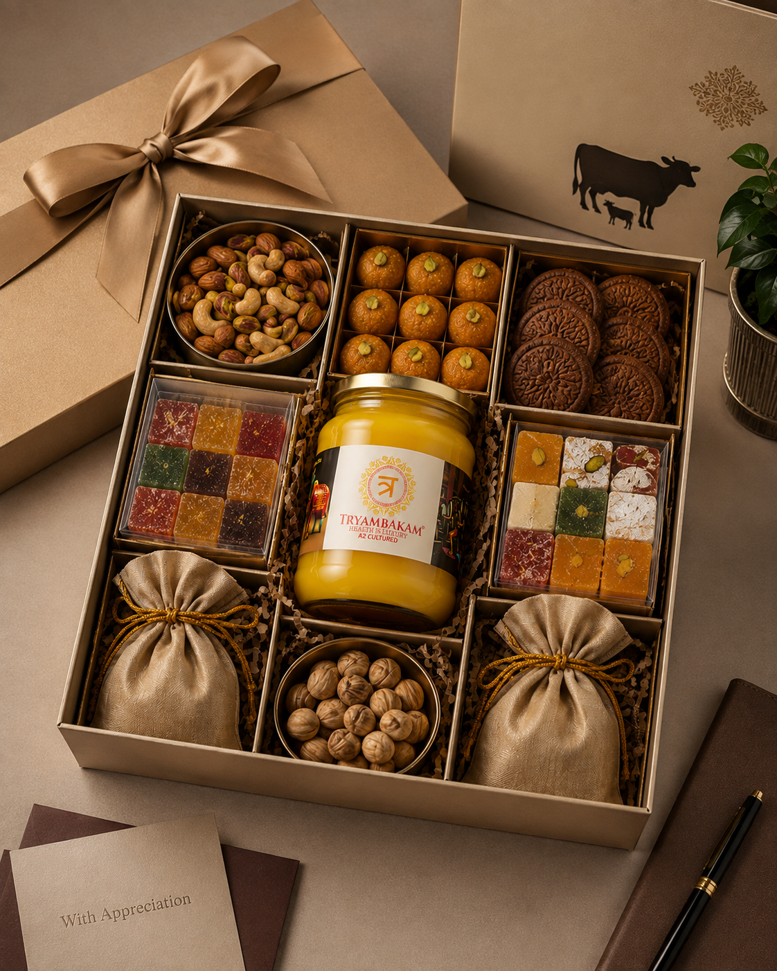 Tryambakam Gir Cow A2 Ghee corporate gift hamper with premium luxury packaging for clients, employees, and festive business gifting