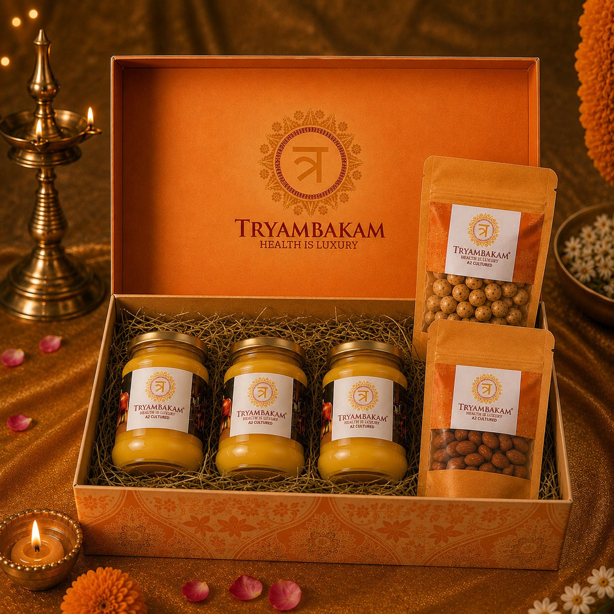 Tryambakam Premium Gir Cow A2 Ghee & Dry Fruits Gift Hamper – 750ml Ghee + 500g Premium Dry Fruits Tryambakam Dairy And Agro Products